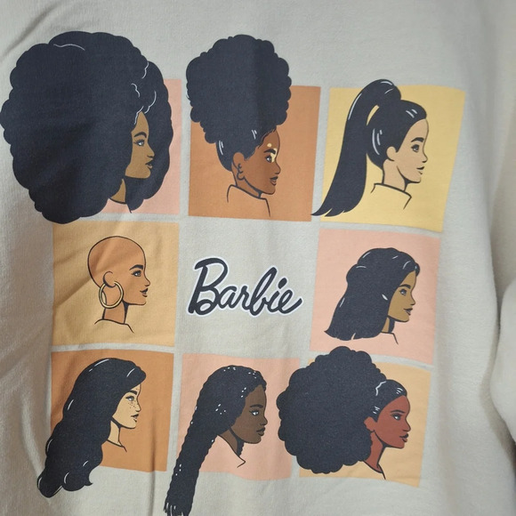 Barbie Womens Cropped Sweatshirt Long Sleeve Graphic Hairstyles Oatmeal Color - Picture 12 of 12
